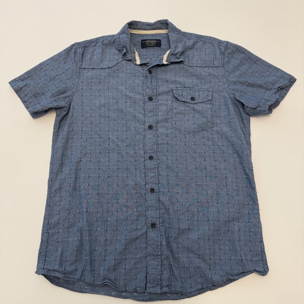Pull&Bear Dotted Pattern Blue Cotton Short Sleeve Button Down Mens Large